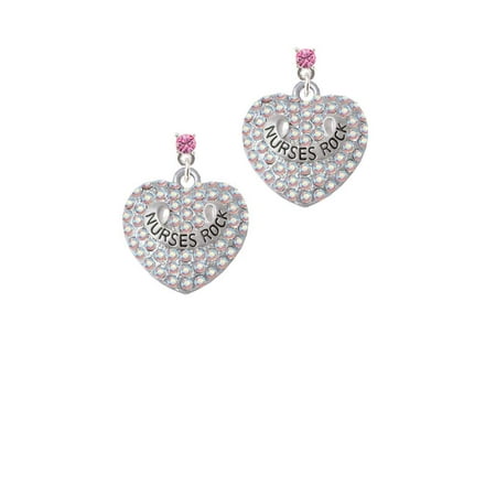 Silvertone Nurses Rock On Ab Crystal Heart Hot Pink Post Silvertone Nurses Rock On Ab Crystal Heart Hot Pink Post Earrings