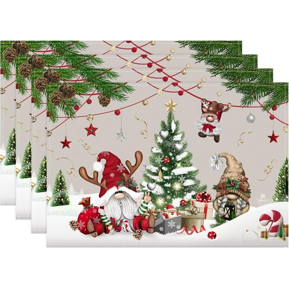 Christmas Gnomes Placemats Set of 4, 12x18 Inch Winter Xmas Trees Balls Kitchen Dinning Table Mats Washable Place Mats for Indoor Outdoor Home Party Décor