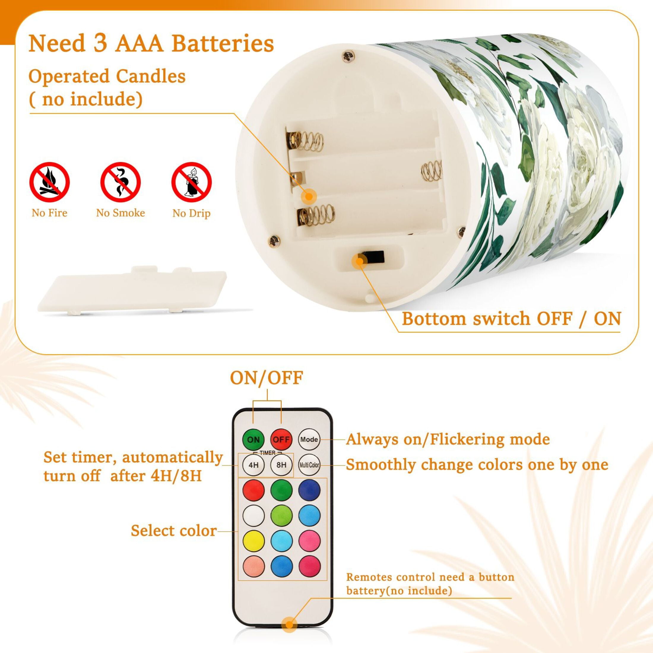 White Roses Flickering Flameless Candles Battery Operated with Remote Timer LED Pillar Candles Set of 2