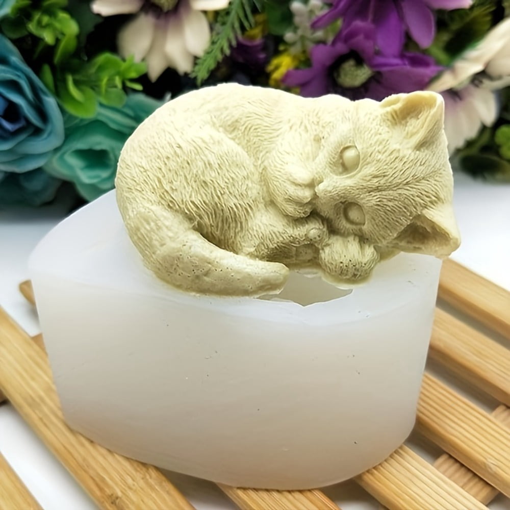 2 Sets of Silicone Cat Molds, 3D Sitting Rose Cat Mold, Side-lying Sleeping Cat Silicone Candle Mold, Cat Resin Candle Mold, Cute Animal Epoxy Resin Casting Plaster Mold, DIY Craft Gift Set