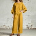 thumbnail image 4 of BRELIL Women Plus Size Two Piece Set Round Neck Batwing Sleeve Tops Wide Leg Pants Casual Loungewear Solid Boho Vacation Outfits Loose Travel Tracksuit, Yellow M, 4 of 7