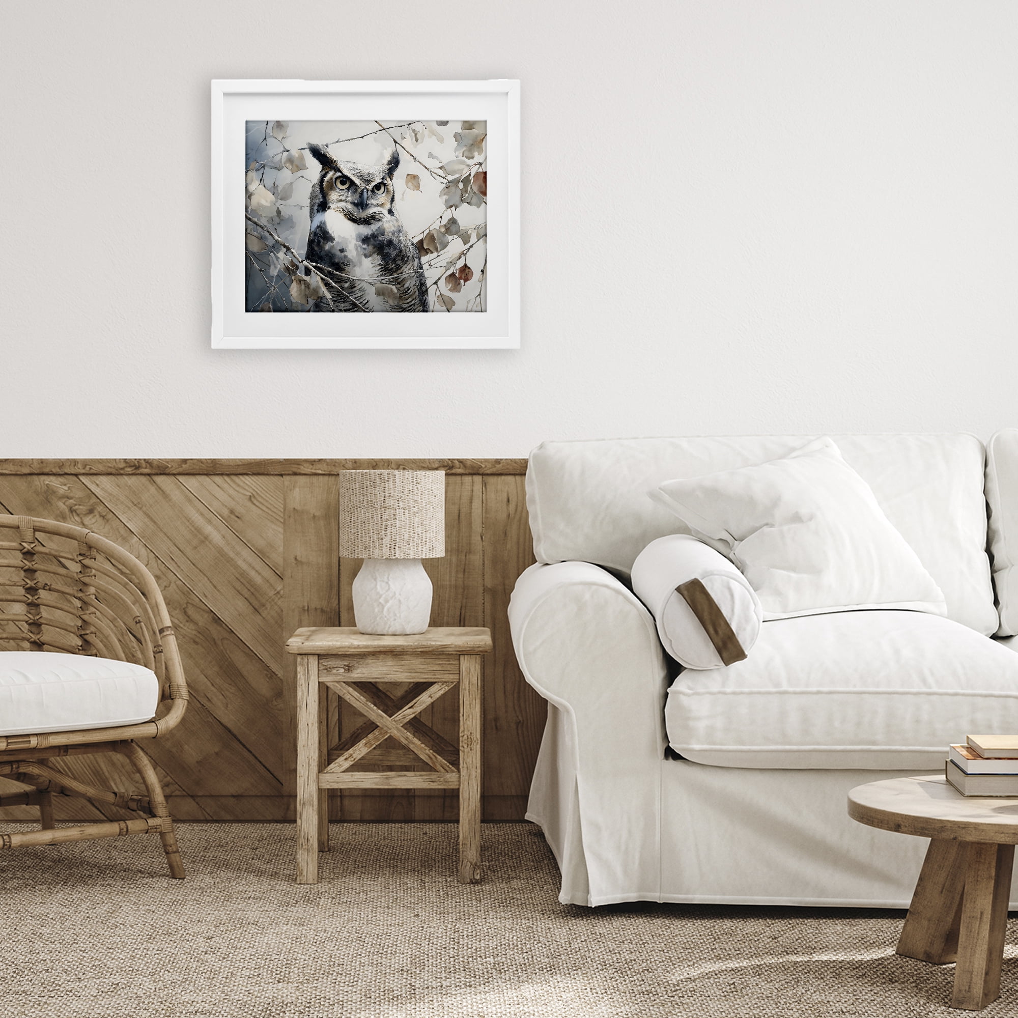 Stupell Industries Horned Owl Perched White Framed Print Under Glass, design by Franklyn Gregory