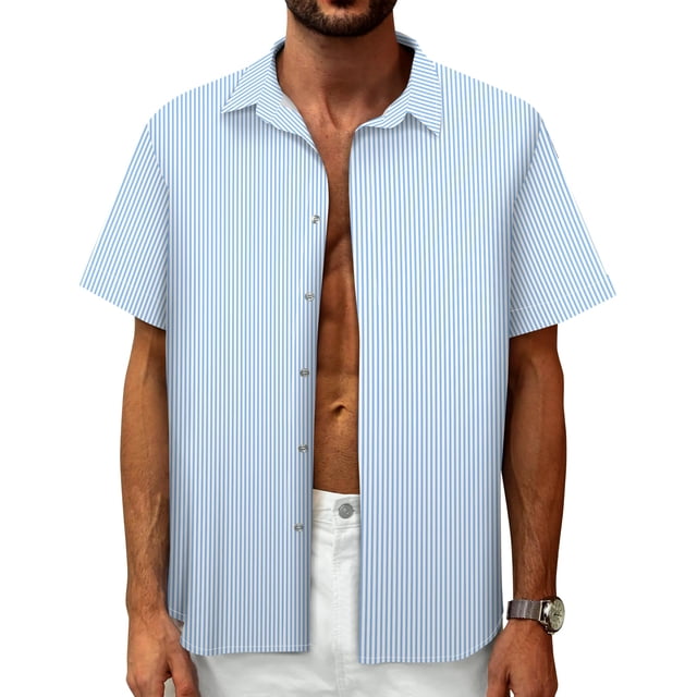 Camisa Mizvsitrd a rayas para hombre con botones de manga corta azul