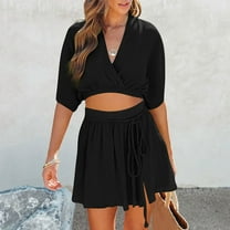 Edvintorg Skirt Sets Women 2 Piece Outfits Vacation 2025 Women's Fashion 2 Piece Outfits Sleeveless Crop Top Shorts High Waist Set with Pockets Black L
