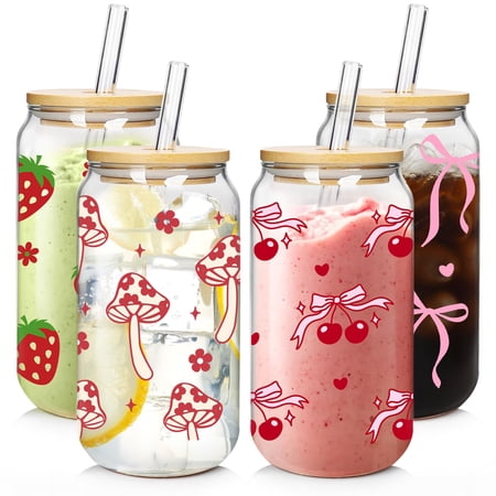 Drinking Tumbler Set Canglass-Cherry-red-4 18oz 4-pack with Lids and Straws