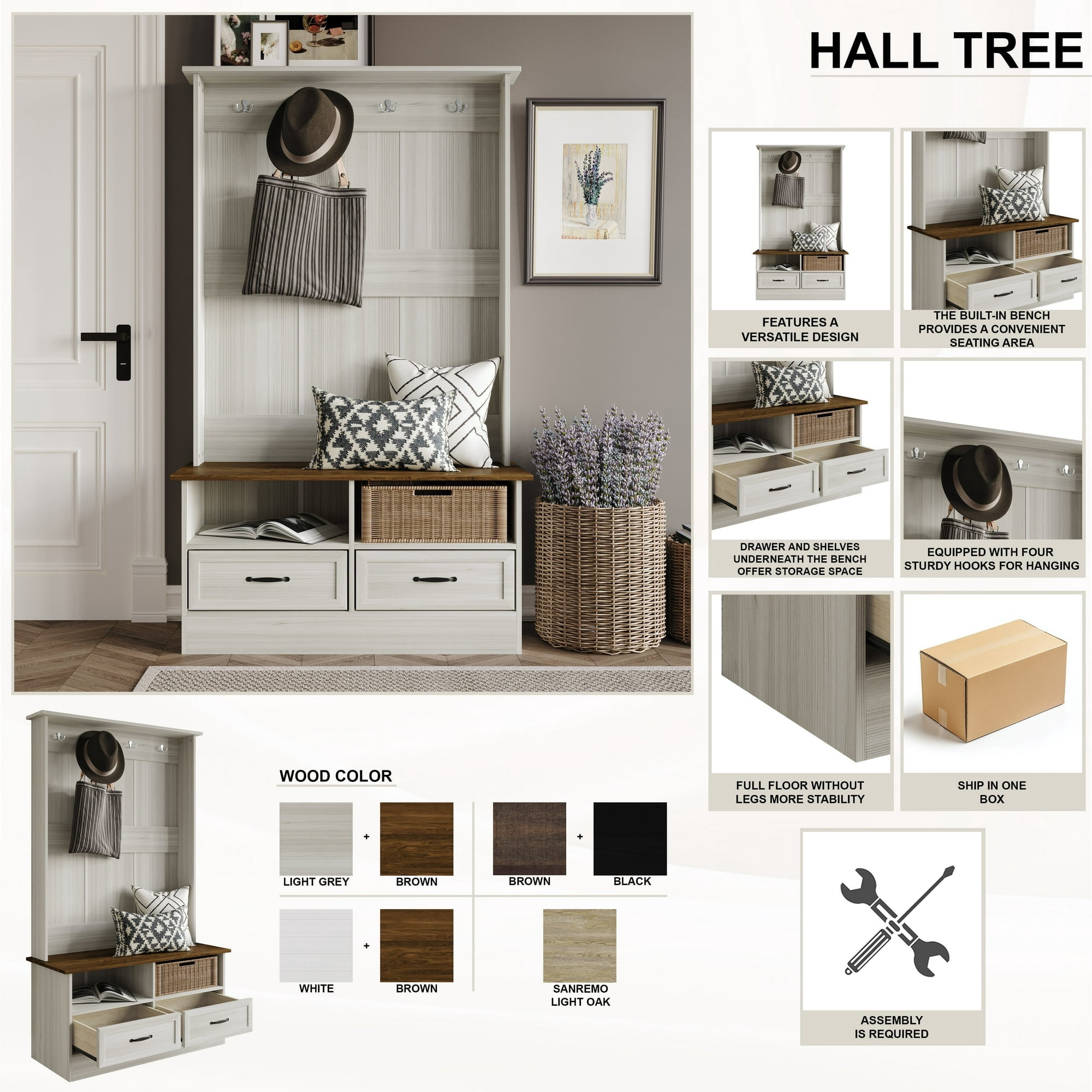 Castle Place Contemporary Hall Tree with Storage Cabinet, Light Oak