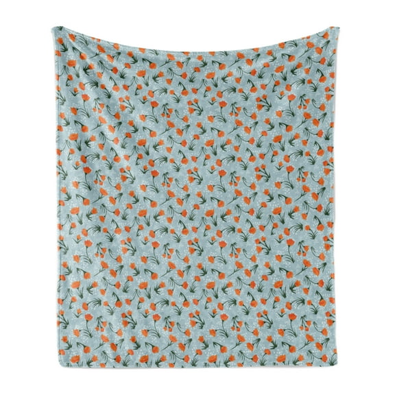 Floral Soft Flannel Fleece Throw Blanket, Repeating Vintage-Themed Flowers on Branches, Cozy Plush for Indoor and Outdoor Use, 50" x 70", Pale Blue Burnt Orange, by Ambesonne