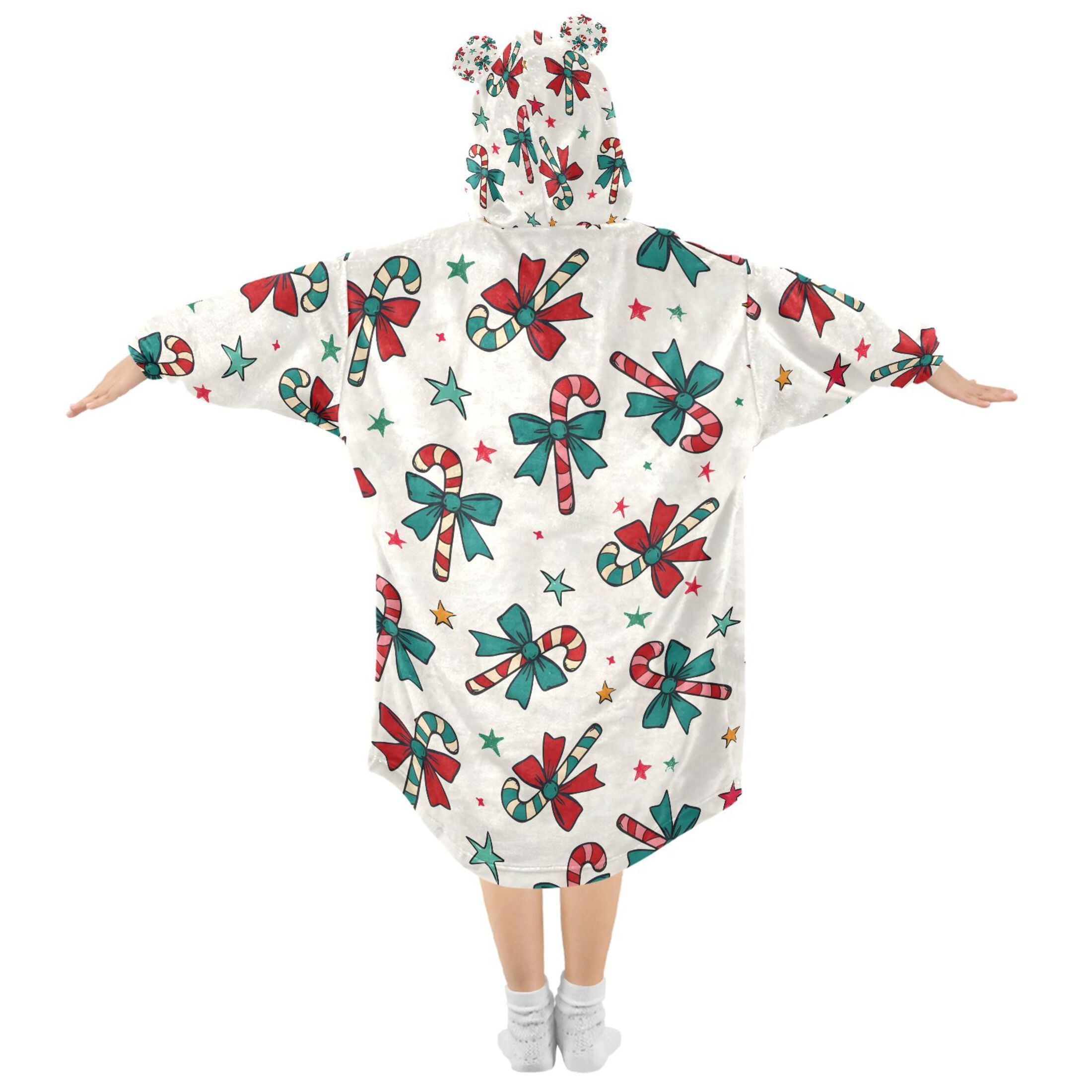 joogoo Blanket Hoodie for Christmas Candy Cane Bows Oversize Sweatshirt 3-14 YR L