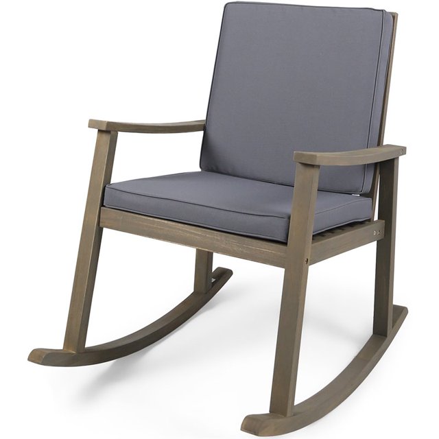 Noble House Candel Outdoor Acacia Wood Rocking Chair Grey with Dark Grey Cushion