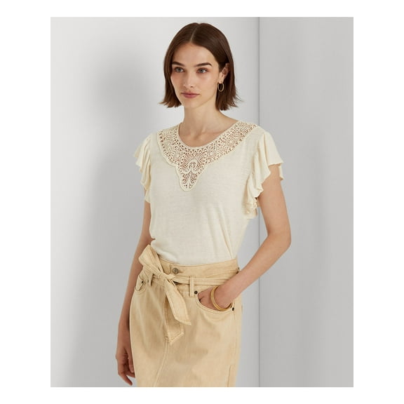 LAUREN RALPH LAUREN Womens Ivory Flutter Sleeve Crew Neck T-Shirt M