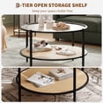 thumbnail image 3 of Boho 2-Tier Rattan Coffee Table – 30 Inch Round Center Table with Water-Wave Tempered Glass Top, Storage Shelf, Metal Frame, Modern Living Room Furniture, Easy Assembly, Black+Yellow, 3 of 8