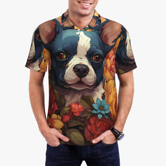 Fotbe Cute Colorful Flower French Bulldog Camiseta Polo de Golf para Hombre con Estampado – Camisa Deportiva Transpirable con Cuello Abotonado-3X-Large