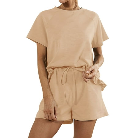 

ZXZY Women Solid Color Ruffle Trim Short Sleeve Top Pocket Shorts Homewear Pajamas Set