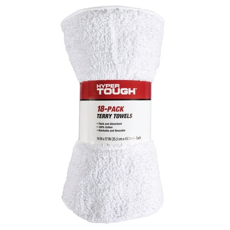 Hyper Tough 100% Cotton 14" x 17" All Purpose Terry Towels, 18 Pack, White