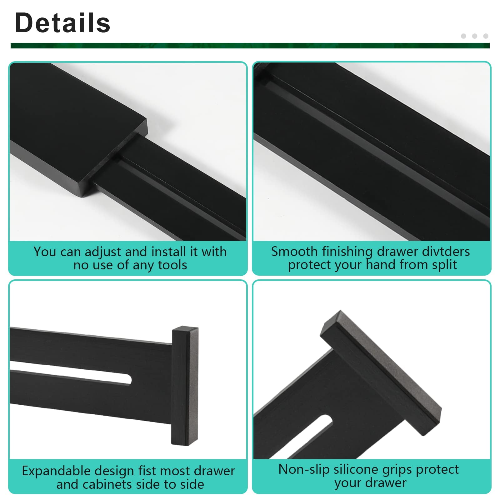4 Pack Bamboo Drawer Dividers, Adjustable Length from 12 Inch to 17 Inch, Expandable Kitchen Drawer Organizer, Drawer Organization Separators for Clothes, Kitchen, Bedroom, Dresser, Office (Black)