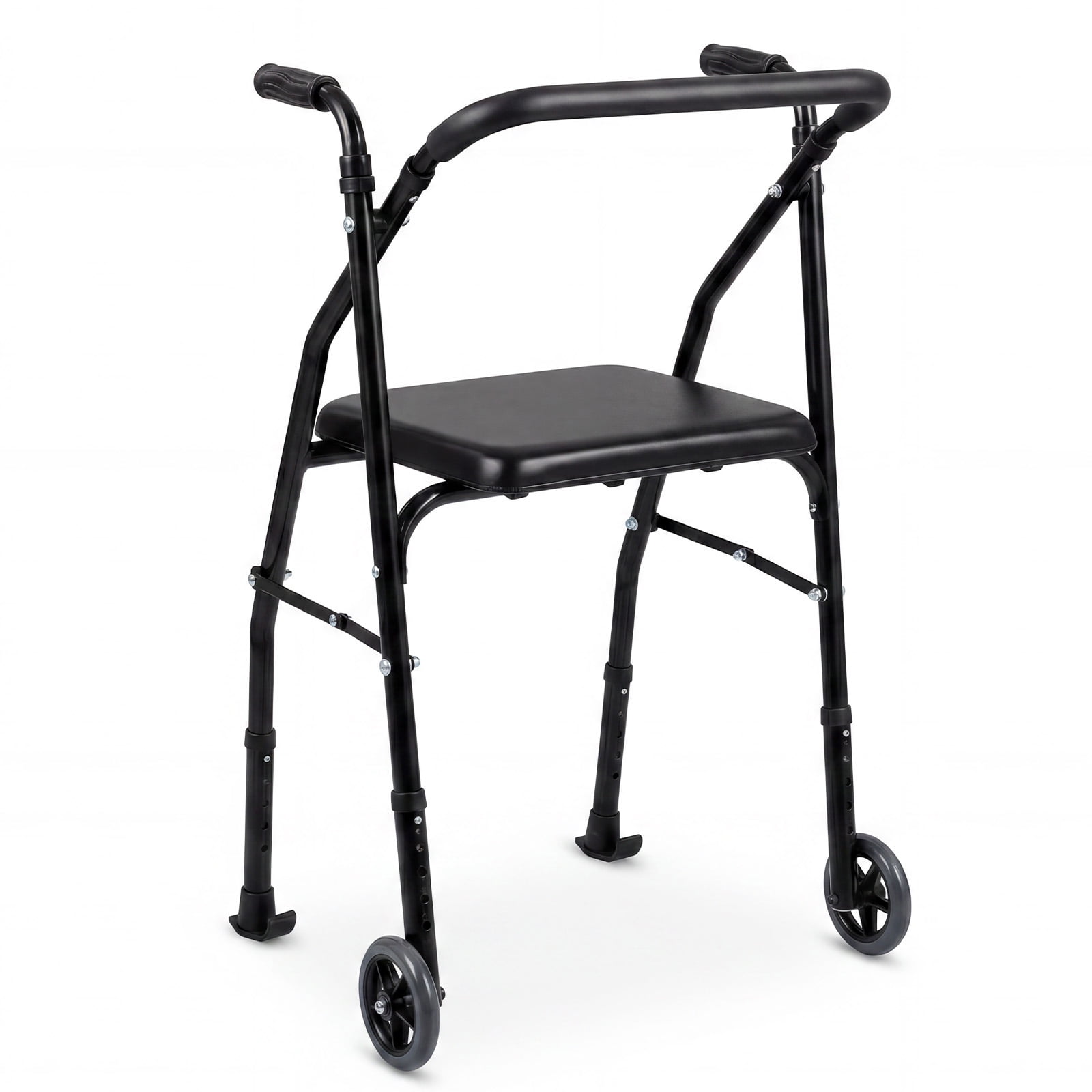 ELLEGNT Lightweight Aluminum Folding Walker for Seniors with 2 Wheels, 5-Level Height Adjustment & Padded Seat, Portable Stand Up Mobility Walking Aid for Disabled Individuals & Adults, Black