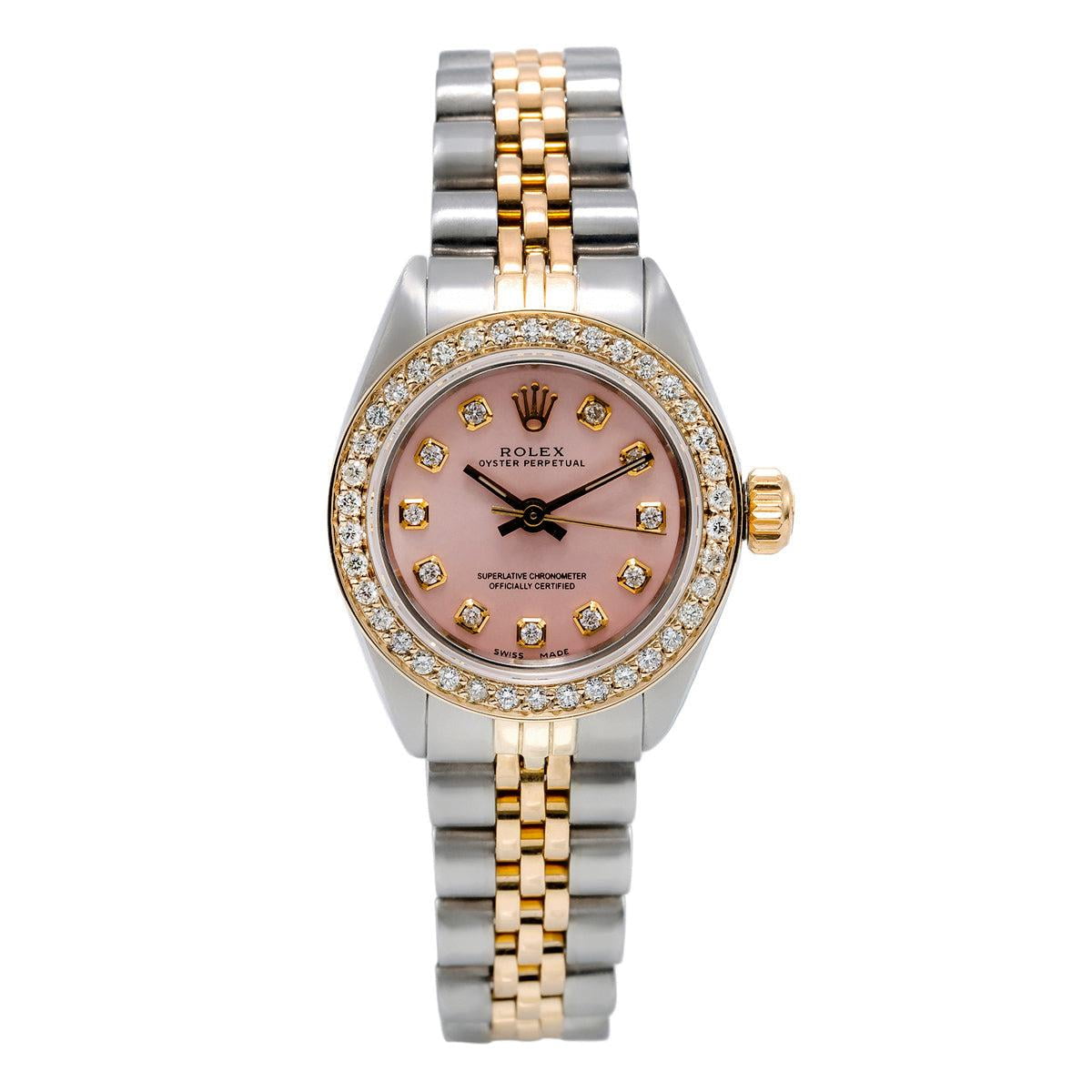 Pre-Owned Rolex Oyster Perpetual 26MM Pink Dial With 1.00 CT Diamond Bezel