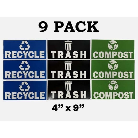 9 PACK! Trash Can Stickers, Set of Large 4" x 9" Labels for Garbage Recycle Compost Green Waste Bins Recycling Containers with High Gloss UV Coating. 9pcs (3 Recycle, 3 Trash, and 3 Compost)