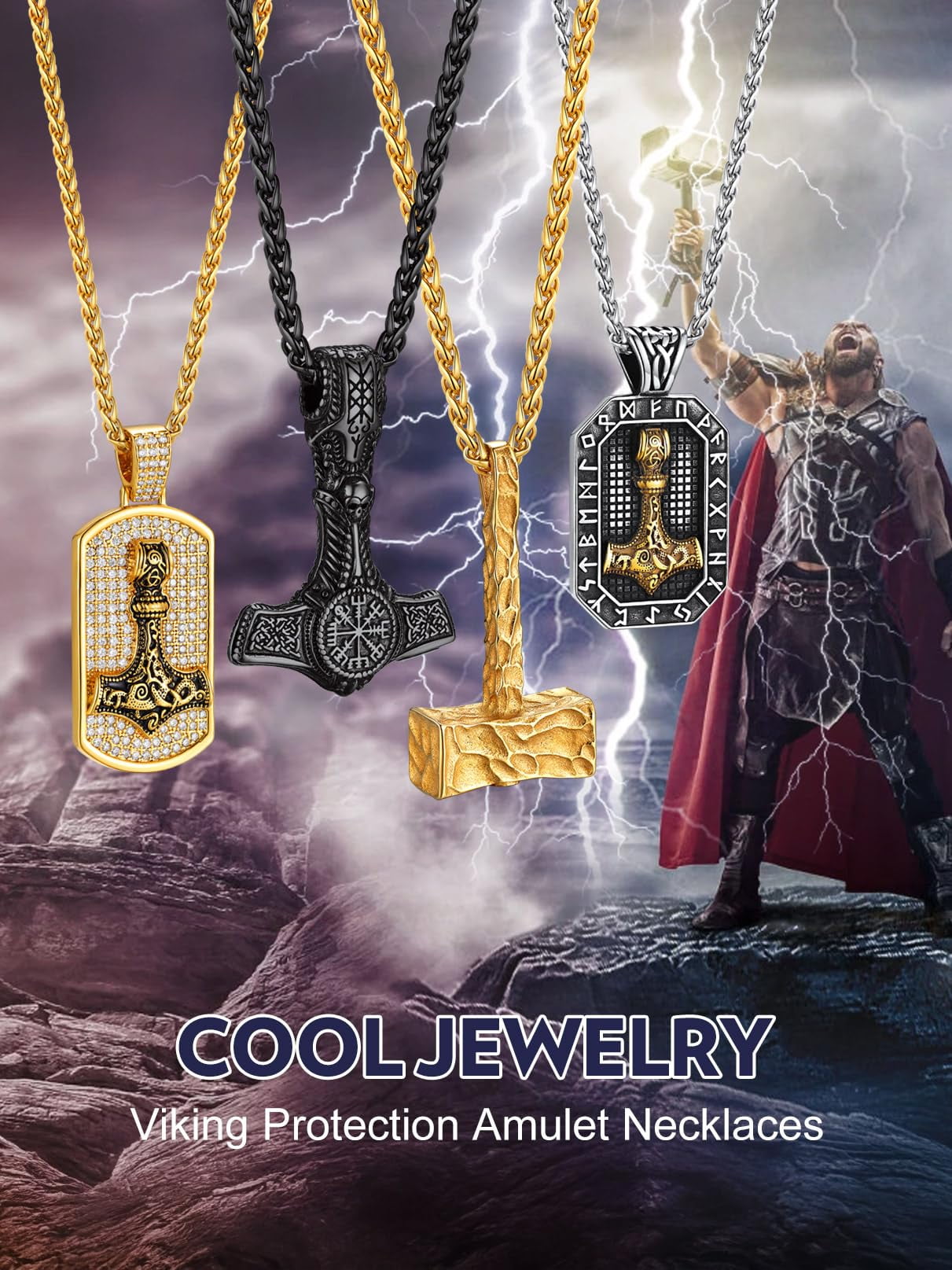 Bandmax Mens Black Thor Hammer Pendant with Compass Design Necklace 14K Gold Plated Mjolnir Thors Viking Nordic Pendant Chain for Men Gift