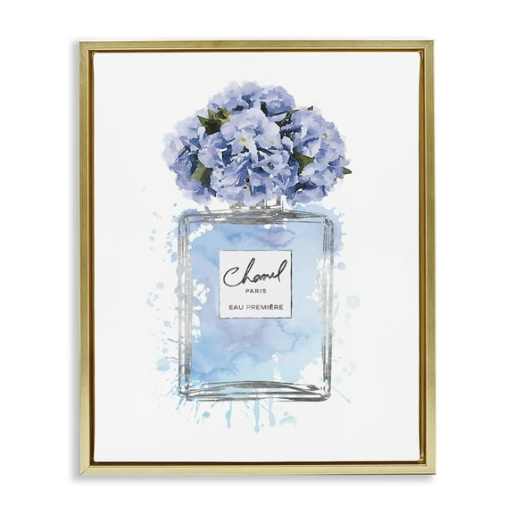 Stupell Industries Blue Flowers Perfume Bottle Beauty & Fashion Painting Gold Floater Framed Canvas Art Print Wall Art, 25 x 31