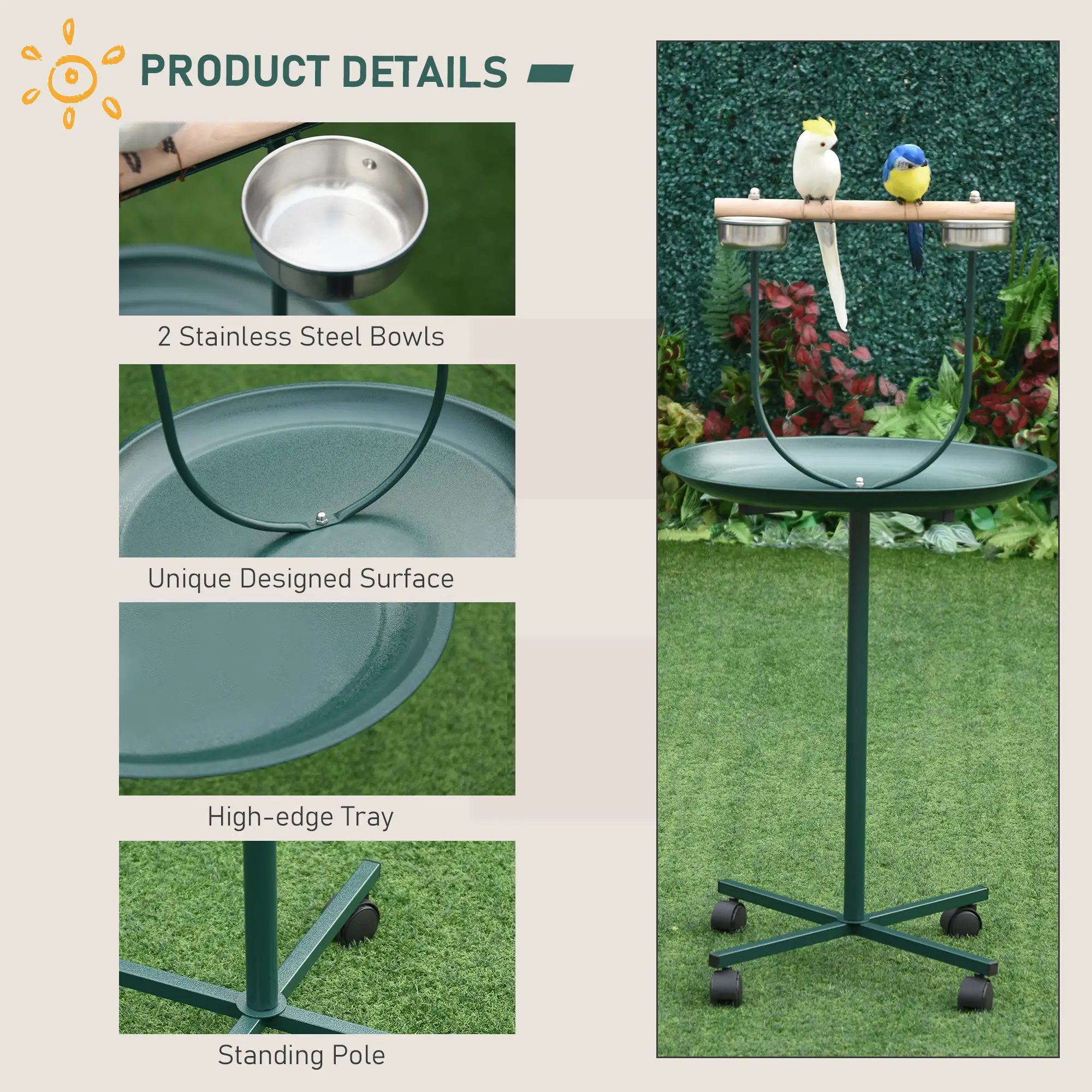 Pefilos 48" Metal Bird Stand, Rolling T-Stand Bird Training Activity Playground with Perch and Feeding Bowls, Green