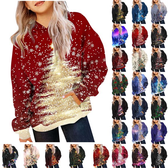 MKOSPLRT 2-14Y Oversized Christmas Hoodies Kids with Pockets Long Sleeve Drop Shoulder Xmas Pullover Funny Graphic Sweatshirts
