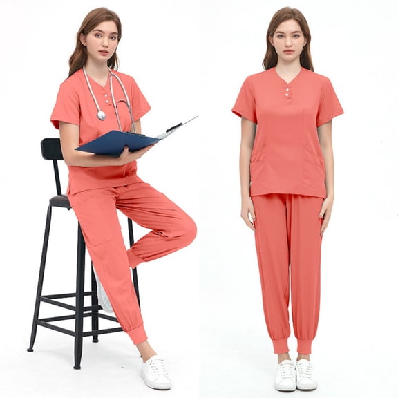 LYMAYTER Womens V-Neck Medical Uniform Solid Color Multi-pocket Design Overalls Set for S-2XL
