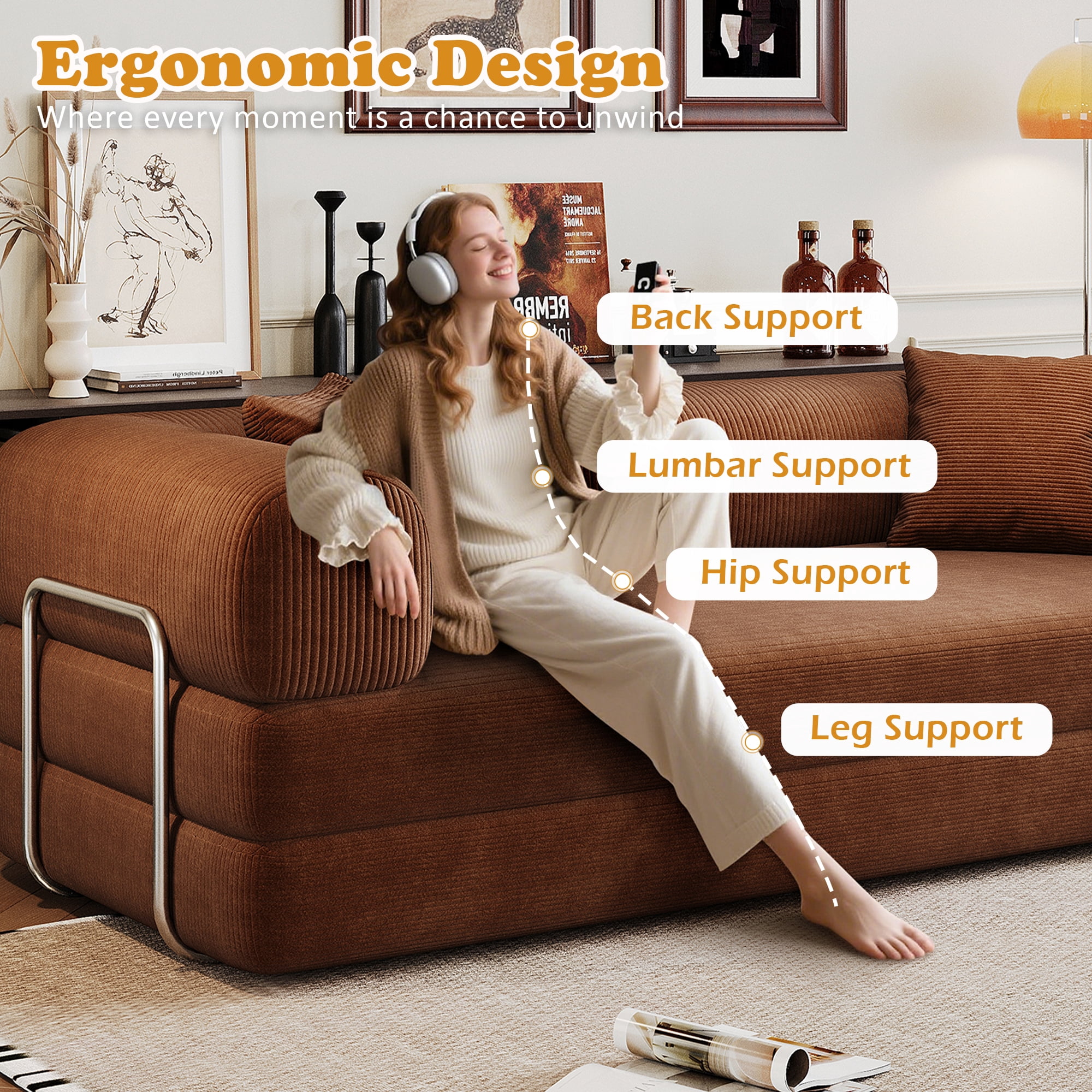 Eyisean 78.8" Corduroy Convertible Sofa Bed with Stainless Fixed-Shape Frame, 4-in-1 Boneless Loveseat with Pull-Out Bed, Lounge Futon Sofa Couch Floor Mattress for Living Room, No Assembly Required