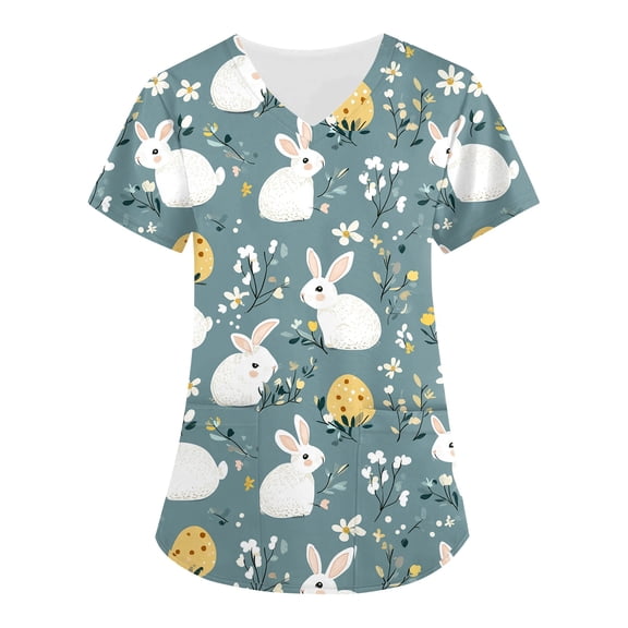 HAJWOH Easter Scrubs for Women Plus Size Funny Bunny Egg Hunt Print Working Uniform Short Sleeve V-Neck Medical Scrub Loose Fit Easter Eggs Scurb Tops with Pockets Cyan 3XL