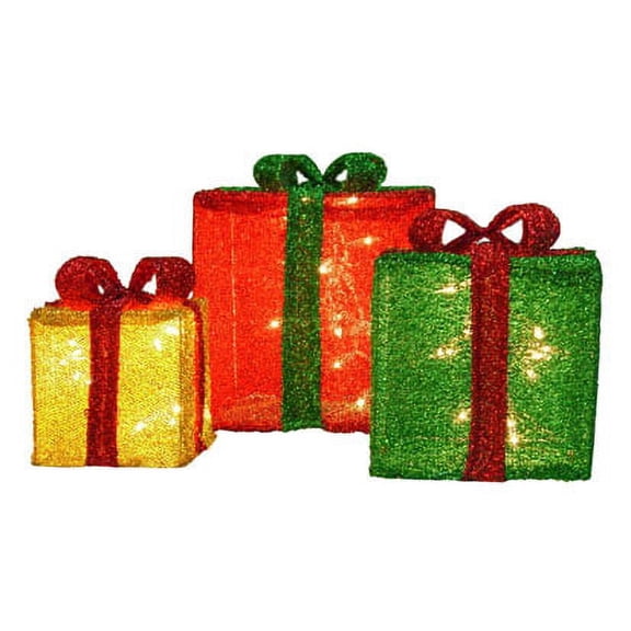 ProductWorks 3-Piece Pre-Lit Red, Green, and Gold Christmas Presents Christmas Yard Art Decoration, 70 Lights