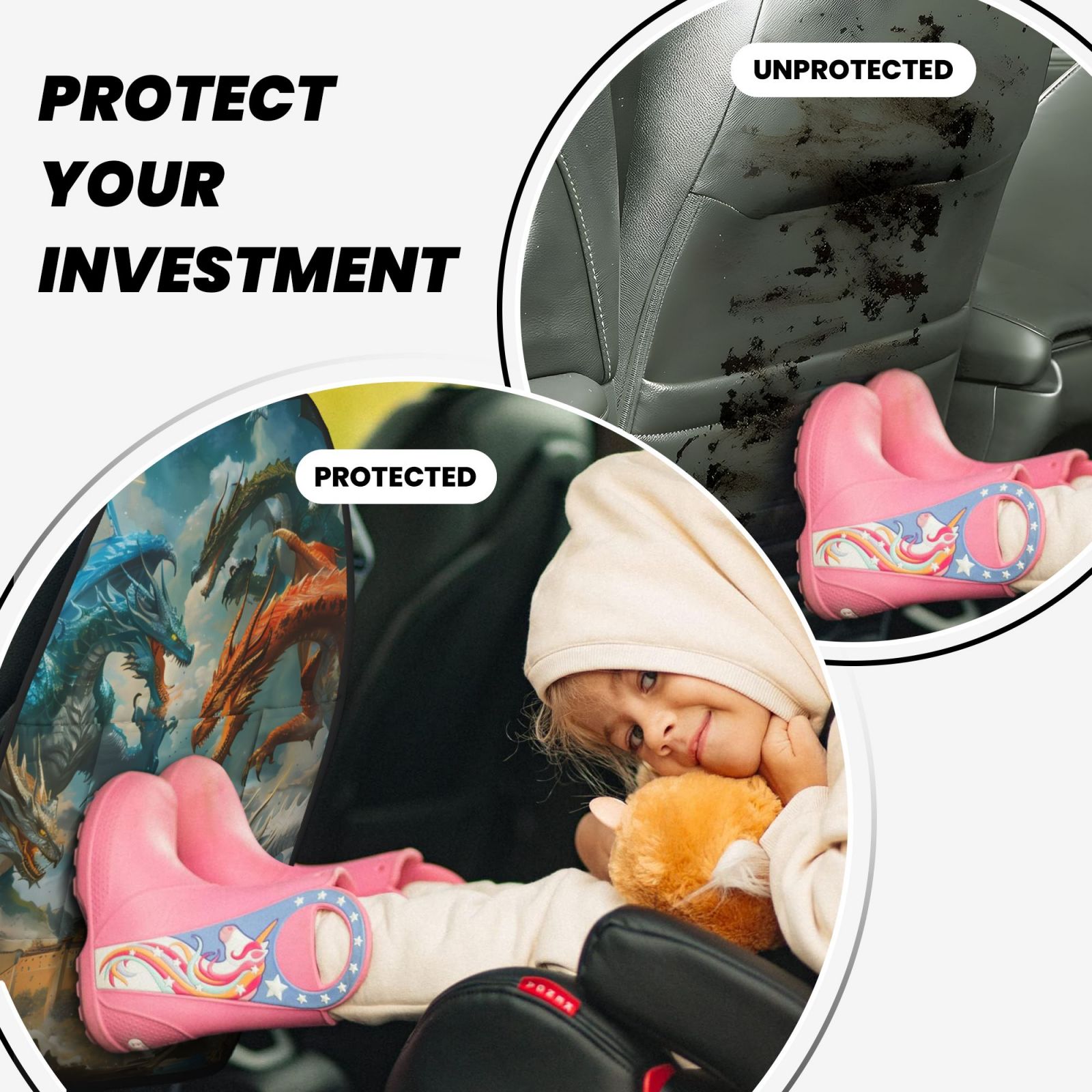 Xecao Red Blue Dragon Battle Epic Pattern Car Seat Back Protector 2 Pack Large Capacity Pocket, Kick Mats Back Seat Protector