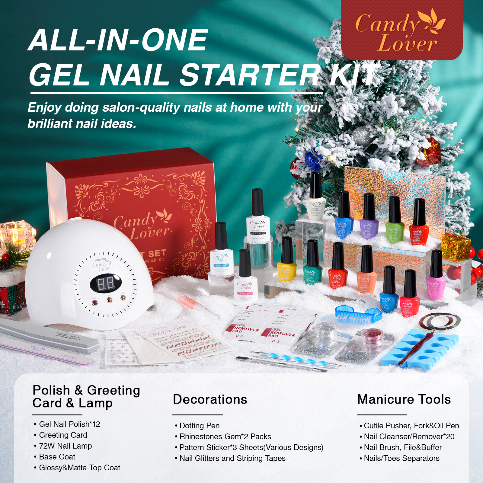 Candy Lover Gel Nail Polish Kit, 12 Colors Classic Rainbow Nail Gel Kit with Greeting Card & 72W UV Nail Lamp, Salon Quality Long-lasting Gel Polish Set, Gift for Girl Women DIY Manicure