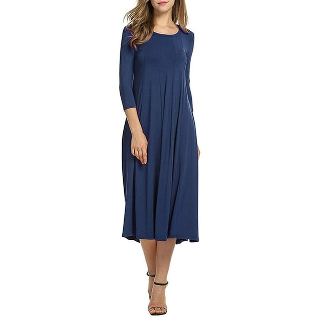 facefd Robe Femme Col Rond Costume Automne Manches Mi-Automne Grande Robe Évasée Bleu Foncé m