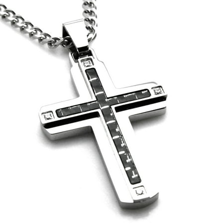 Stainless Steel Cubic Zirconia Black & White Carbon Fiber Inlay Cross Pendant