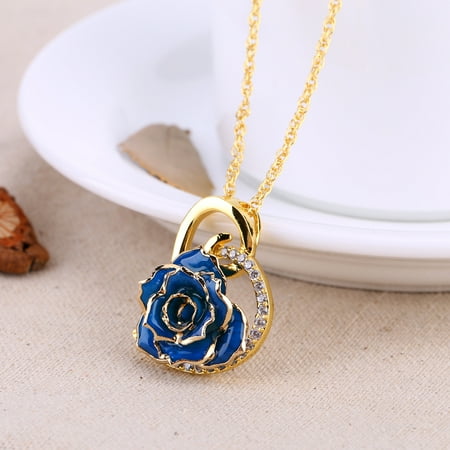 ZJchao - 24K Gold Plated Dipped Real Rose Pendant Rhinestone Heart Shaped Rose Pendant Necklace ...