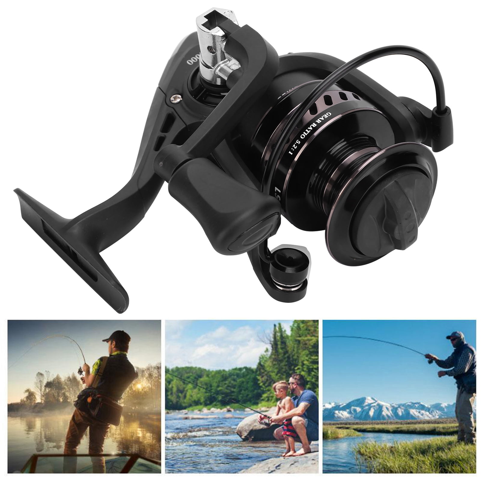 YAHHU Portable Metal Sea Rod Spinning Fishing Line Reel Rocking Raft Accessory LS4000 Gun Black with 5.2:1 Gear Ratio for Saltwater Freshwater Fishing Ambidextrous Retrieve (5.12 inches / 13 cm)