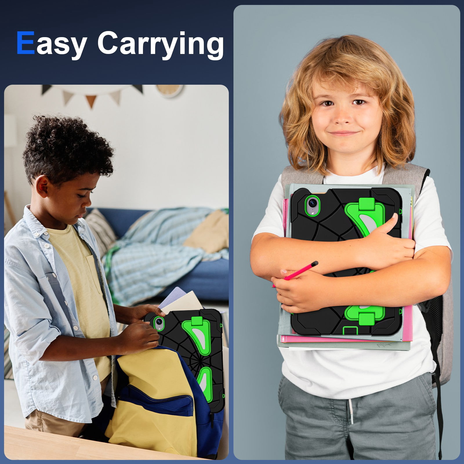 ELEHOLD Kids Friendly Case For Apple iPad mini 7th(A17 Pro) 2024/6th, Heavy Duty Shockproof Rugged Protective Case with Pencil Holder Foldable Kickstand for Boys Children Case, Black+Green