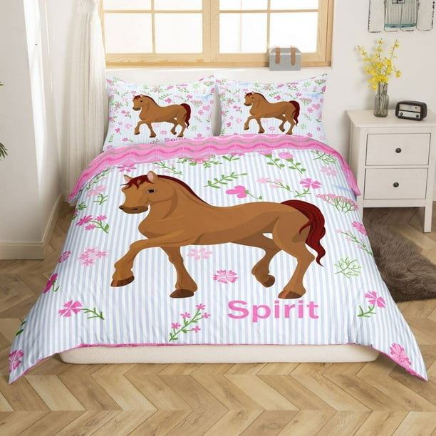 Girls Horse Bedding Set Twin Kids Cartoon Farmhorse Floral Comforter