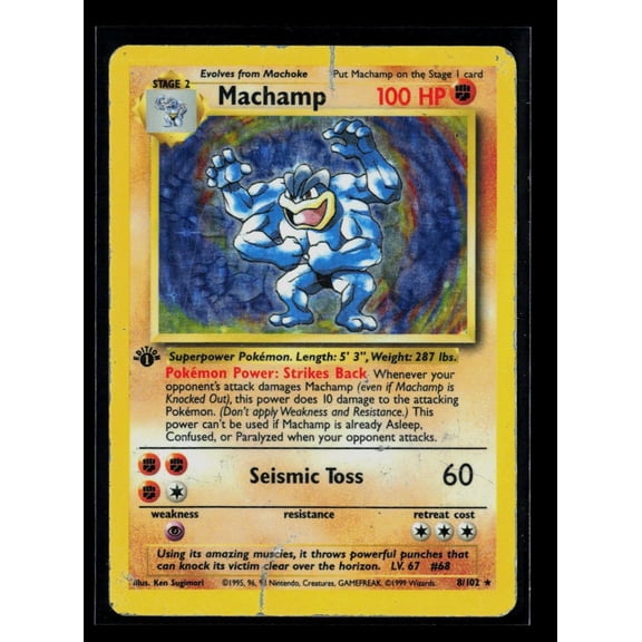 Collectible 1999 Base Set 1st Edition Machamp Holo Rare #8/102 Pokemon English Trading Card