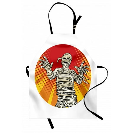 

Halloween Apron Egyptian Mummy Character on Rays and Halftone Dots Retro Pop Art Unisex Kitchen Bib with Adjustable Neck for Cooking Gardening Adult Size Vermilion and Grey Yellow by Ambesonne