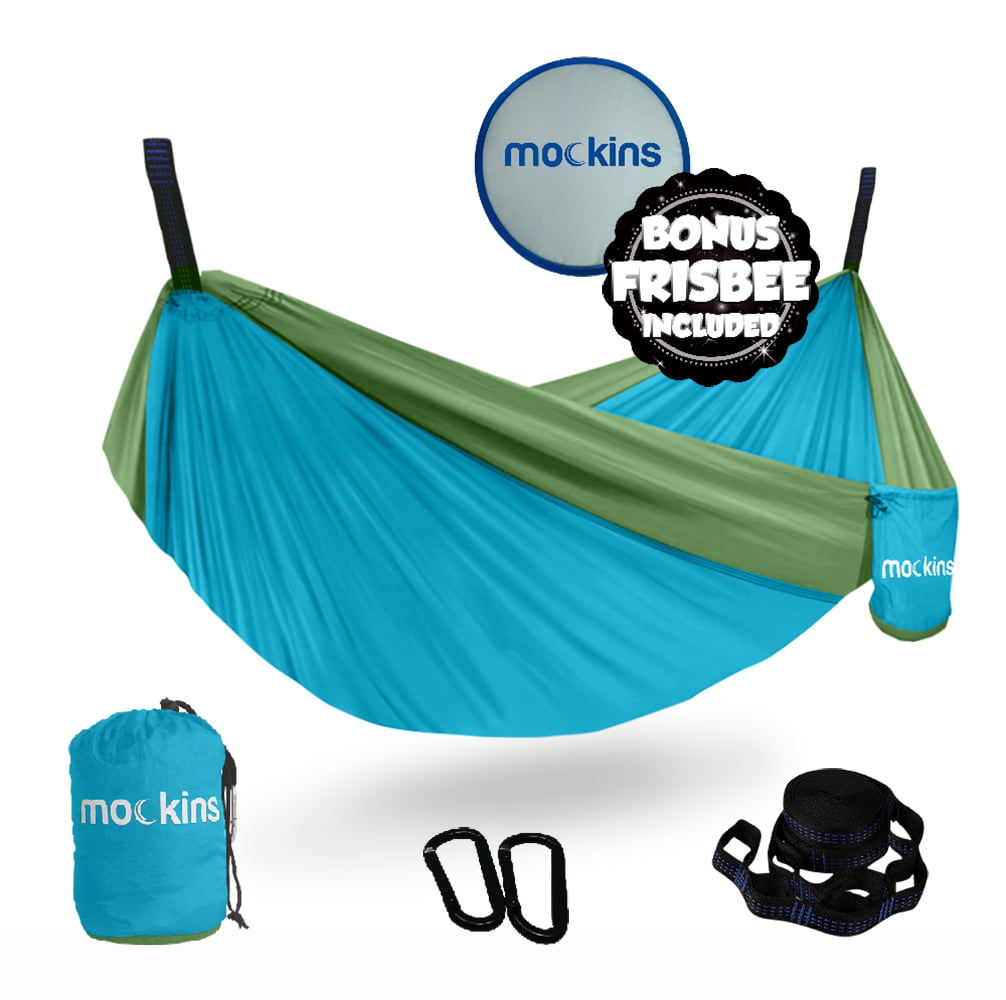Indoor Outdoor Use Mockins 2 Pack Blue Gray Single Camping Hammock with Adjustable Tree Straps & Frisbee Hiking Traveling & Backyard Backpacking Portable Lightweight Nylon Parachute Hammocks 