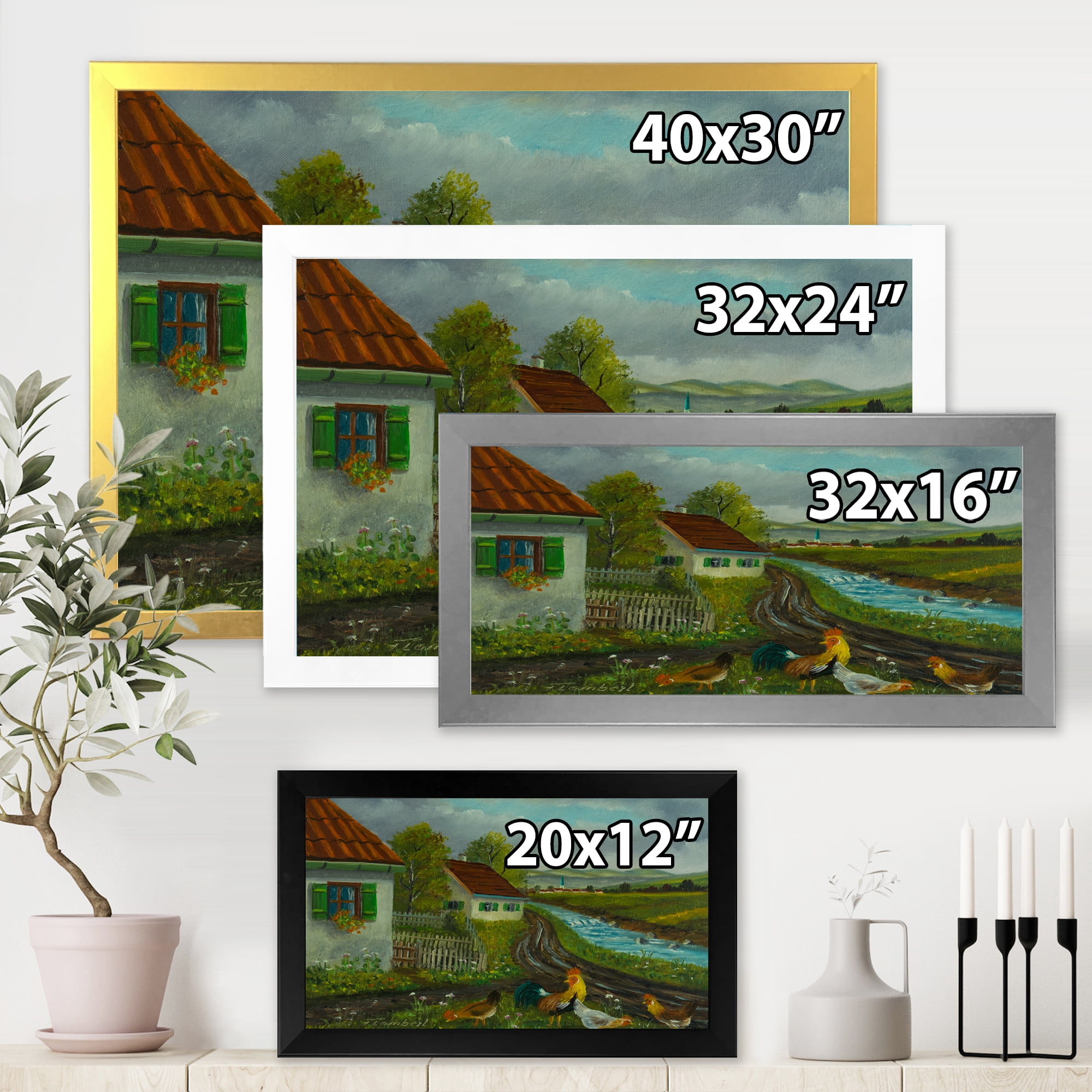 Designart 'A Cock and Three Chickens In A Meadow With Flowers' Farmhouse Framed Art Print