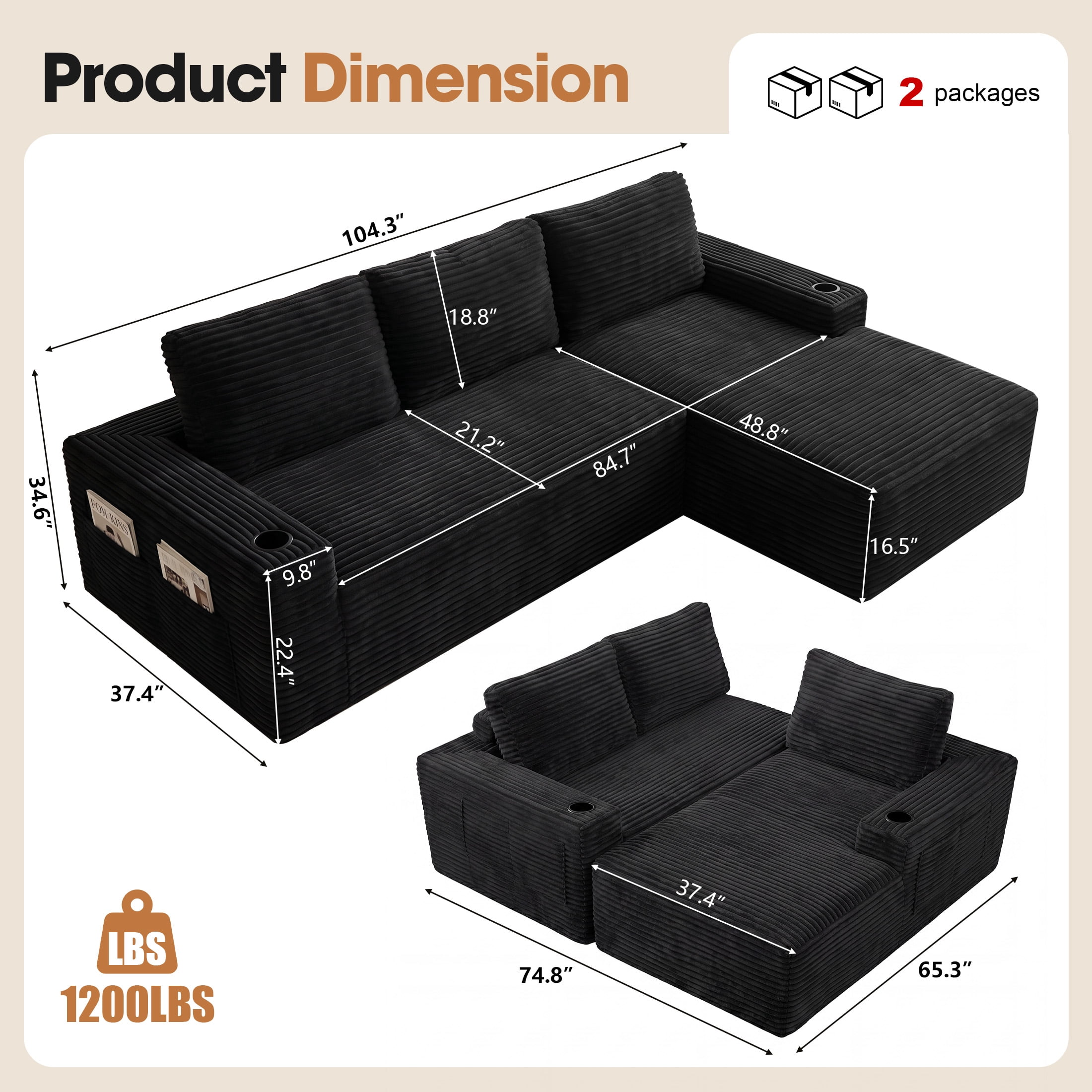 Aenkyo 104 Inch Corduroy L-Shaped Cloud Sectional Sofa with Right Facing Chaise and Cup Holders, Black
