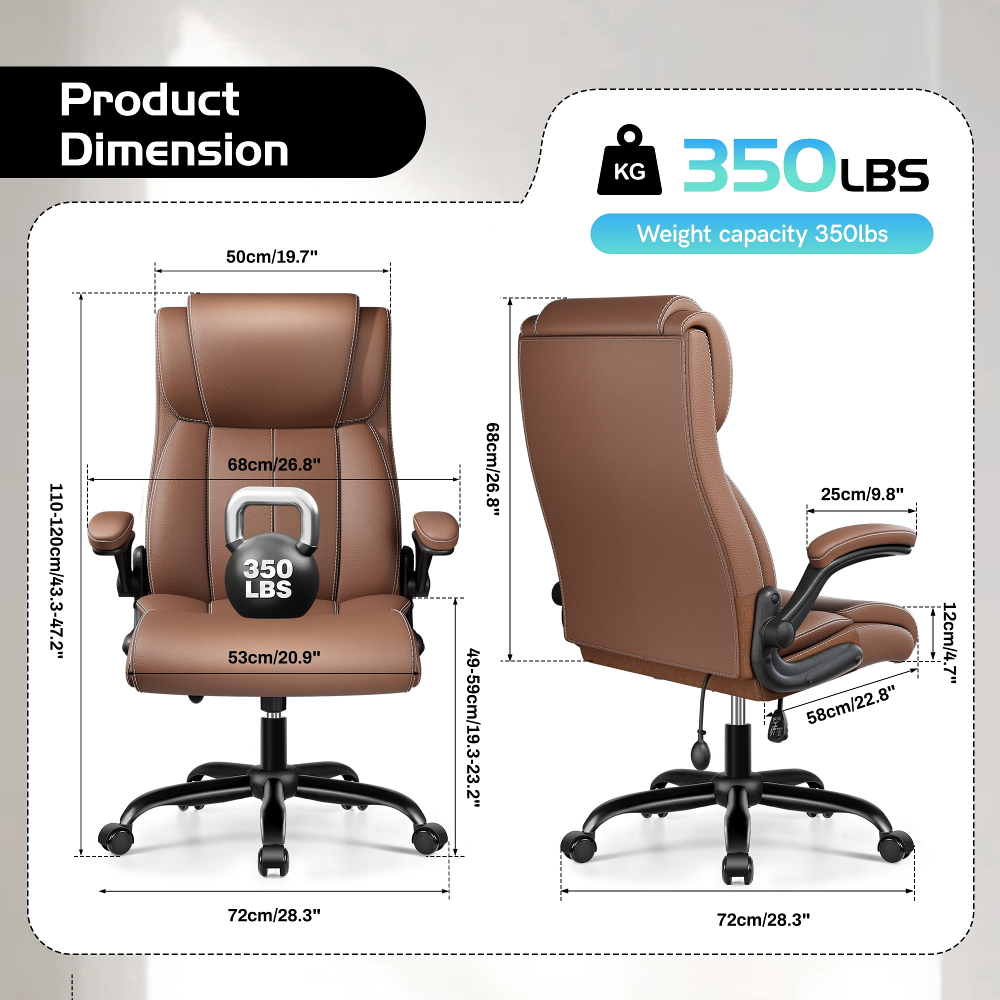 COOLHUT Big and Tall Office Chair 350LBS, Comfy Heavy Duty Executive Desk Chair with Adjustable Lumbar Support, Higth Back Computer Home Office Chair with Padded Flip -up Arms, Brown