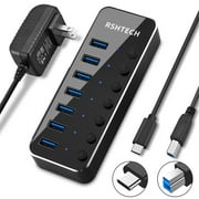 RSHTECH 7-Port USB C to USB 3.0 Hub Powered with 5V AC Adapter On/Off Switches for PC Laptop and More, RSH-518C