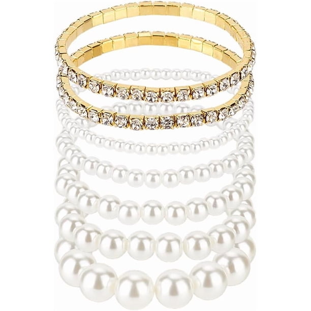 Conjunto de pulseras de perlas apilables, pulsera de perlas multicapa para mujer, pulseras de cuentas apilables de plata, bisutería de moda, regalos de Navidad y Día de la Madre.