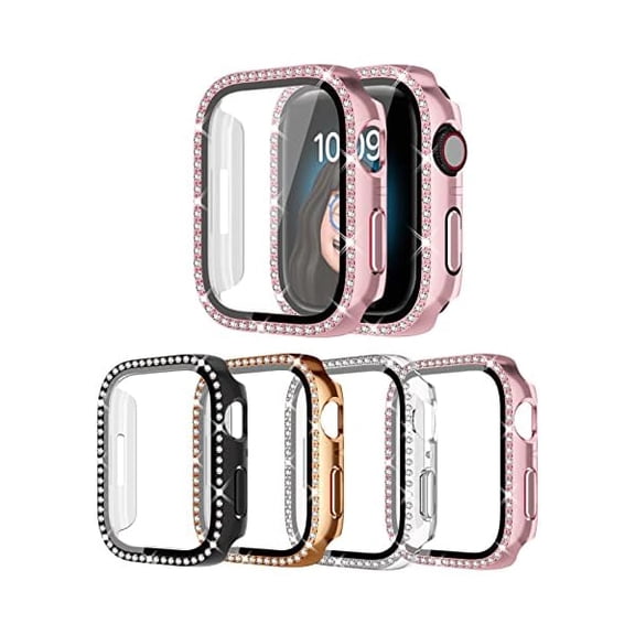 4 Pack Bling Case for Apple Watch SE 3 2025/SE 2/SE/6/5/4 44mmm, Glitter Rhinestone Diamonds Protective Case with Tempered Glass Screen Protector Replacement Cover for iWatch SE 3nd Gen 44mm Women