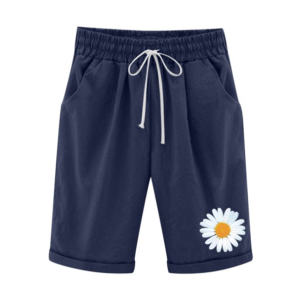 Pantalones casuales de lino y algodón de talla grande con estampado de cinco puntos para mujer Pompotops ulkah938018