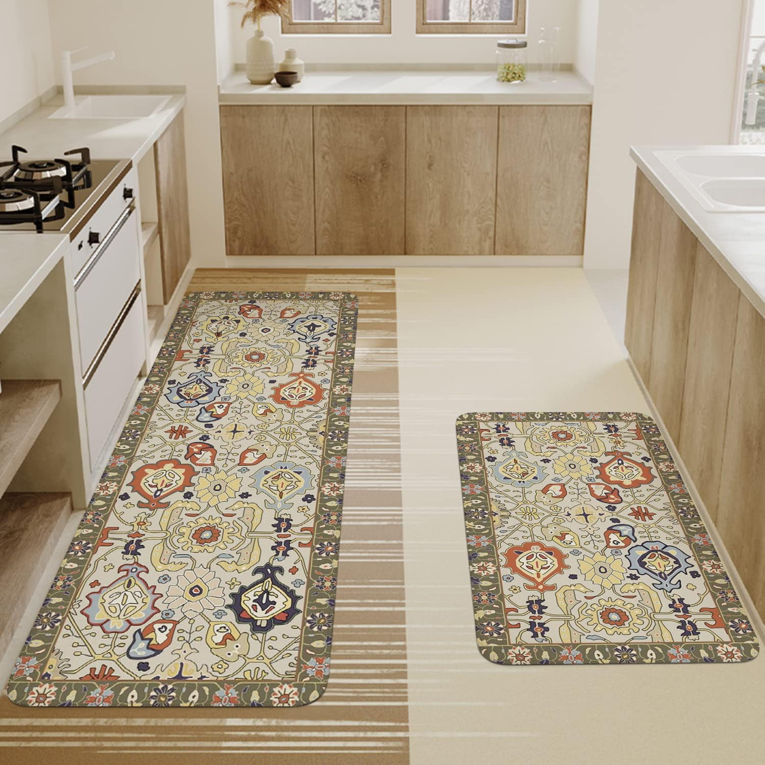 Boho Kitchen Mat Set of 2,Vintage Floral Kitchen Rugs and Mats Non Skid Washable,Bohemia Farmhouse Runner Rugs with Rubber Backing for Kitchen Decor Accessories (17"x47"+17"x30")