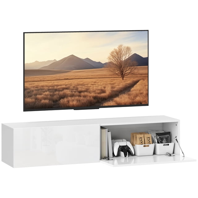 HOMCOM Meuble Télé Flottant avec Rangement pour Téléviseurs de 45, 55, 65 Po, Blanc